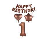 Kahverengi Renk Happy Bırthday Rakam Kalp Yıldız Folyo Balon Seti Yaş 1