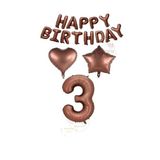 Kahverengi Renk Happy Bırthday Rakam Kalp Yıldız Folyo Balon Seti Yaş 3