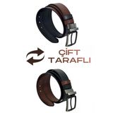 Kahverengi / Siyah Çift Taraflı Suni Deri 4 Cm. Genişlik Dönerli Tokalı Spor Erkek Kemer - 7110-13