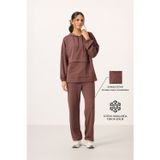Kahverengi Yumuşak Dokulu Kapüşonlu Oversize Kadın Eşofman Tunik Takım - 95348