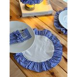 Kai Atelier 2li Sea x Natural Keten Yuvarlak Fırfır Detaylı Amerikan Servis/ Supla Mavi Kareli - 40 x 40 - Mavi - Beyaz