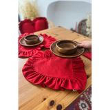 Kai Home Lovely Kalp Fırfırlı Keten Supla / Amerikan Servis 4lü - Bej - Kırmızı