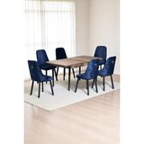 Kaktüs Avm Sonata Ceviz 80 x 132 Açılabilen MDF Masa Siyah Metal Ayaklı Mutfak Masası 6 Lacivert Sandalyeli
