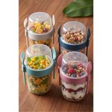 KaktüsKedi 4 'lü Set Çatallı Kaşıklı Atıştırmalık Yemek Yoğurt Müsli Granola Diyet Kabı - Yemek Saklama Kabı 650 ML