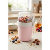 KaktüsKedi Çift Bölmeli Sızdırmaz Renkli Müsli Kabı - Kendinden Kaşıklı Taşınabilir Ara Öğün ve Yoğurt Kabı 850 ml - Pembe