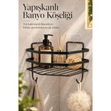 KaktüsKedi Yapışkanlı Mat Siyah Banyo Köşeliği - Paslanmaz Metal, Delme Gerektirmeyen Banyo Rafı ve Düzenleyici