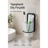 KaktüsKedi Yapışkanlı Metal Diş Fırçalık Siyah Gövdeli Çıkarılabilir Bardaklı Banyo Organizeri