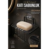 KaktüsKedi Yapışkanlı Siyah Metal Katı Sabunluk Su Tahliyeli Delmesiz Banyo Sabun Askısı