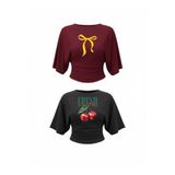 kalawear Kadın 2'li Yarasa Kollu Basic Dar Crop Bluz %100 Pamuk Likralı Geniş Kollu Bisiklet Yaka Bele Oturan Kalıp Viskon Bluz