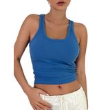 Kalın Askılı U Yaka Mavi Renk Fitilli Crop Top Bluz (Mavi, S)