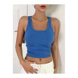 Kalın Askılı U Yaka Mavi Renk Fitilli Crop Top Bluz
