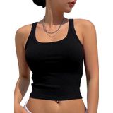 Kalın Askılı U Yaka Siyah Renk Fitilli Crop Top Bluz (Siyah, S)