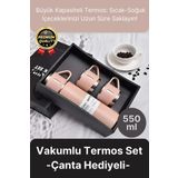 Kaliteli Paslanmaz Çelik Çift Katmanlı Sıcak Soğuk 3 Bardaklı Vakumlu Termos Çanta Hediyeli 550 Ml