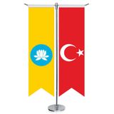 Kalmukya Cumhuriyeti Bayrağı ve Türkiye - Kırlangıç - Saten T direk 2li Masa Bayrağı