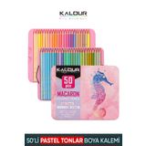 kalour 50'li Kuru Boya Kalem Seti - Macaron Renkler -Metal Kutulu