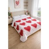 Kalp Desenli Çift Kişilik Pike 200X230 cm – Yazlık, Yumuşak ve Nefes Alabilir -Vijdan Life - Beyaz - Kırmızı