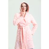 Kalp Desenli Kapüşonlu Polar Midi Kadın Sabahlık Pembe L