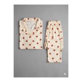 Kalp Desenli Yumuşacık Milan Kumaş Önden Düğmeli 4 Mevsimlik Pijama Takımı Ekru Kalp Desenli M