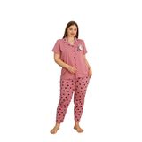 Kalp Desenli%100 Pamuk Düğmeli Kadın Pijama Takımı – Rahat ve Şık Gömlek Pijama Tasarımı Pembe 3XL