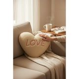 Kalp Şeklinde Peluş Dekoratif Yastık, Krem Rengi, 'LOVE' Yazılı, Yumuşak Dokulu, Romantik Hediye
