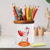 Kalp Tutan Unicorn Ahşaplı Seramik Kalemlik - 1308-22681 - Renkli