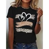 Kalp ve Leopar Baskılı T-Shirts - Siyah - M