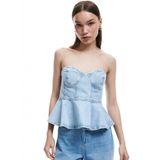 Kalp Yaka Volanlı Kolsuz Pamuklu Dar Kesim Denim Bluz