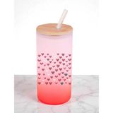 Kalpler Baskılı 600 ml Cam Matara- Su Matarası, Suluk Matara, Cam Pipetli Matara