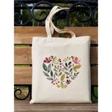 Kalpli Çiçekli Ham Bez Tote Bag Çanta, Anneler Günü Hediyesi, Pinterest Çanta - 10D-Krem