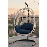 Kalyon Home Capri Askılı Rattan Bahçe Balkon Salıncağı - Armut Salıncak 2mm Profil Su Itici Keten Minderli - Mavi
