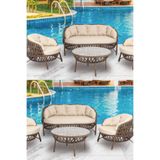 KalyonHome Gardeniza Sicilya Rattan 3+1+1 Bahçe Balkon Oturma Grubu Yuvarlak Cam Masa Bej