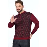 Kamalı Erkek Çelik Örgü Ekose Desenli Gömlek Yaka Fermuarlı Polo Yakalı Tüylenmez Triko Kışlık Baba Kazak - Bordo - XL