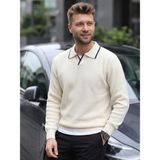 Kamalı Erkek Krem Oversize Selanik Örgü Polo Yaka Triko Kazak - Taş