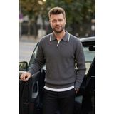 Kamalı Erkek Oversize Selanik Örgü Polo Yaka Triko Kazak - Gri