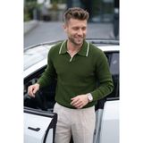 Kamalı Erkek Oversize Selanik Örgü Polo Yaka Triko Kazak - Haki - XL
