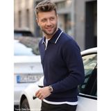 Kamalı Erkek Oversize Selanik Örgü Polo Yaka Triko Kazak - Lacivert - XL