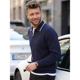 Kamalı Erkek Oversize Selanik Örgü Polo Yaka Triko Kazak - Lacivert