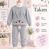 Kamikam Tavşanlı, Kanguru Cepli, Nakışlı Kaliteli, Pamuklu Kız Çocuk Takım(1 Beden Büyük Alınız) - 2 Yaş - Gri
