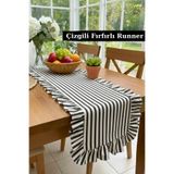 KAMİZ Fırfırlı Pamuk Keten Siyah Çizgili Runner 40x110