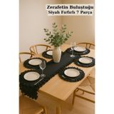 KAMİZ Siyah Fırfırlı Keten Runner & 6'lı Fıfırlı Supla Seti - 7 Parça Çeyiz Seti