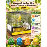 Kanarya Yaşamsal Ve Ötüm Kafesi Siyah (35 X 32 X 23 Cm – İki Kapılı, Camlı, Sürgülü Sac Tepsili, 3 Ahşap Tünekli Ve 4 Yemlikli Kuş Kafesi)