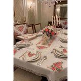 Kanaviçe Masa Örtüsü 12 Kişilik Kırmızı Yemek Seti - 26 Parça 160X220cm Kanaviçe Baskılı Yemek Seti