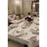 Kanaviçe Masa Örtüsü 12 Kişilik Lila Yemek Seti – 26 Parça 160x220cm Kanaviçe Baskılı Yemek Seti - Mor