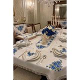 Kanaviçe Masa Örtüsü 12 Kişilik Mavi Yemek Seti - 26 Parça 160X220cm Kanaviçe Baskılı Yemek Seti