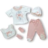 Kanaviçe Nakışlı %100 Cotton Antibakteriyel 5li Zıbın Takımı Hastane Çıkışı - Pudra - Yenidoğan