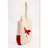 Kanvas Omuz Çantası Kadın Tote Çanta Kırmızı Kelebek Aplikeli 40X37 Cm