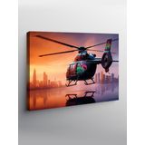 Kanvas Tablo Gece Şehirde Helikopter Uçuşu 70cmx100cm