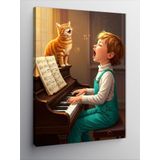 Kanvas Tablo Kedi Ve Çocuk Piyano Çalıyor