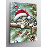Kanvas Tablo Noel Şapkası Takan Kedi, 50 x 70