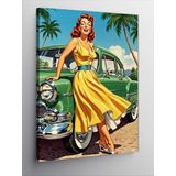 Kanvas Tablo Retro Kadın ve Klasik Araba, 100 x 140